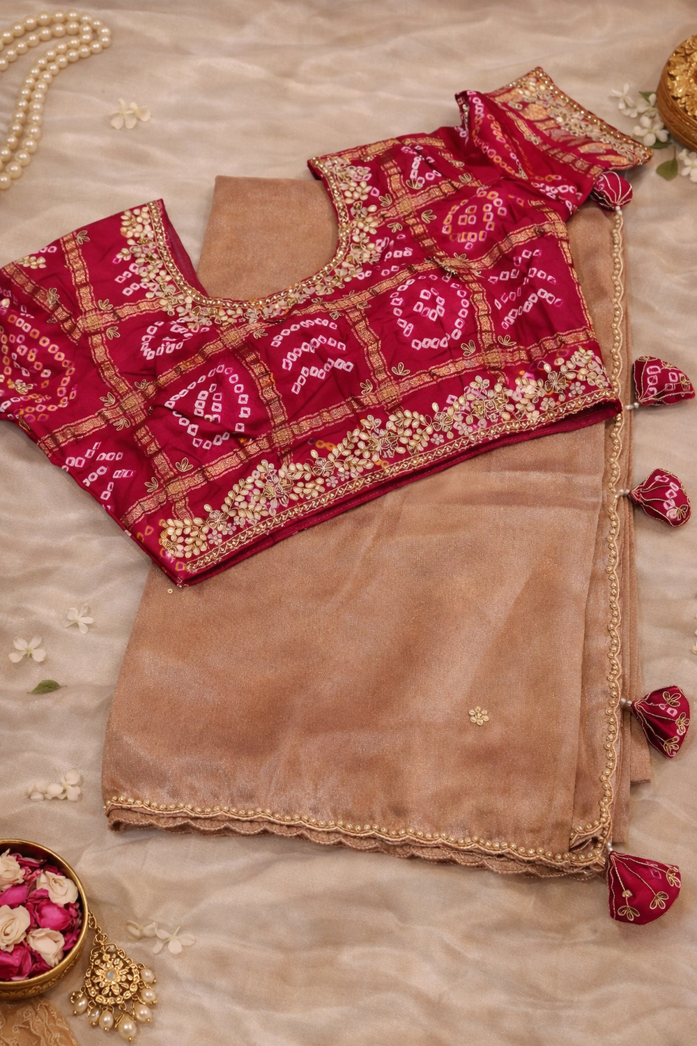 Designer Tissue Silk Saree with Contrast Bandhani Blouse