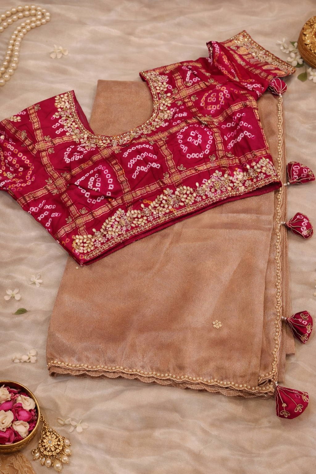 Designer Tissue Silk Saree with Contrast Bandhani Blouse.