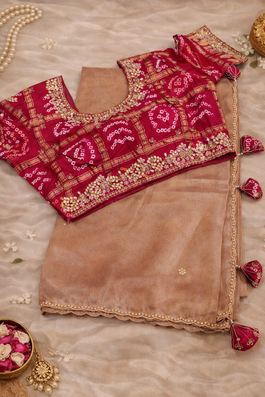 Designer Tissue Silk Saree with Contrast Bandhani Blouse.