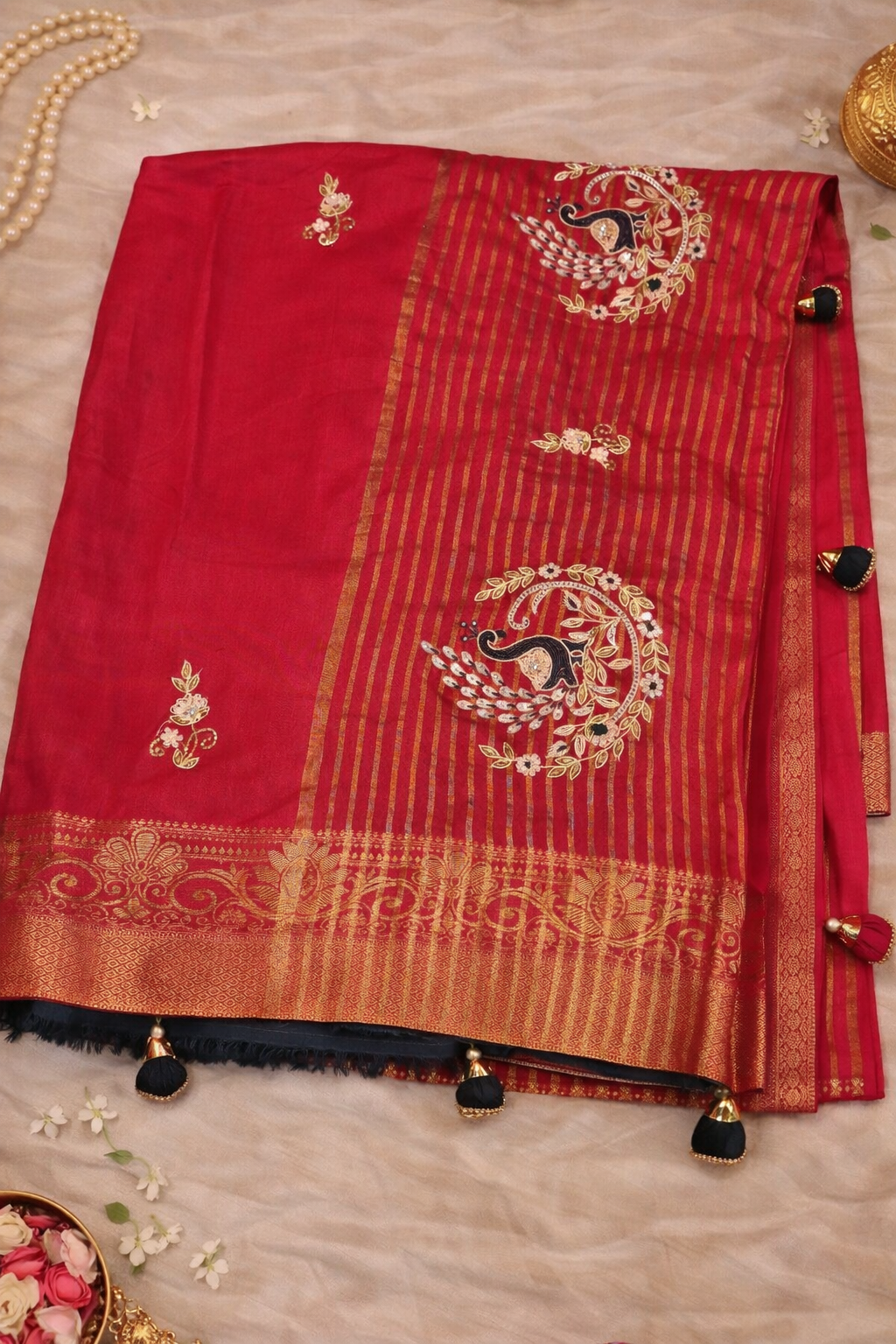 Deep Pink Silk Saree with Handwork.