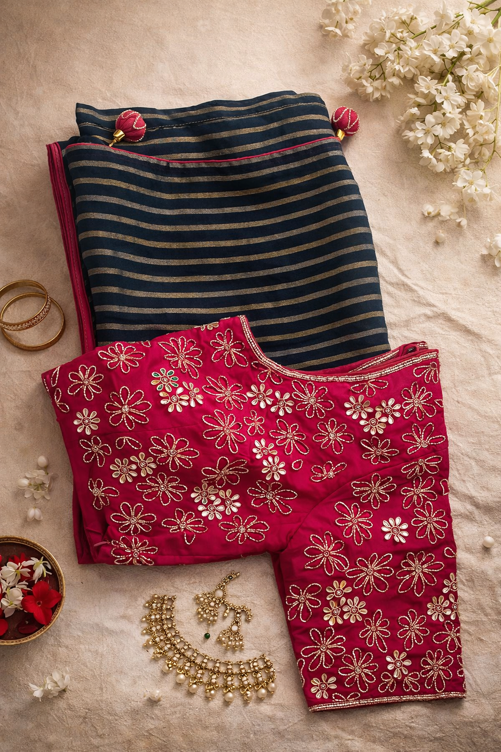 Navy Blue Striped Saree with Contrast Magenta Border & Embroidered Blouse