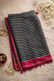 Navy Blue Striped Saree with Contrast Magenta Border & Embroidered Blouse.