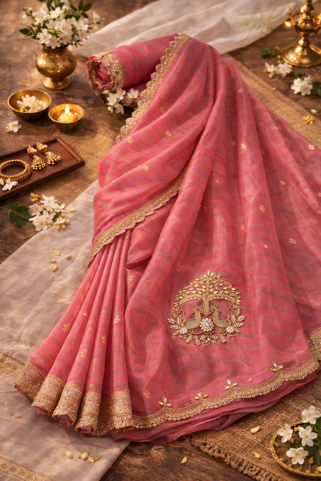 Blush Pink Silk Saree with Peacock Embroidery.