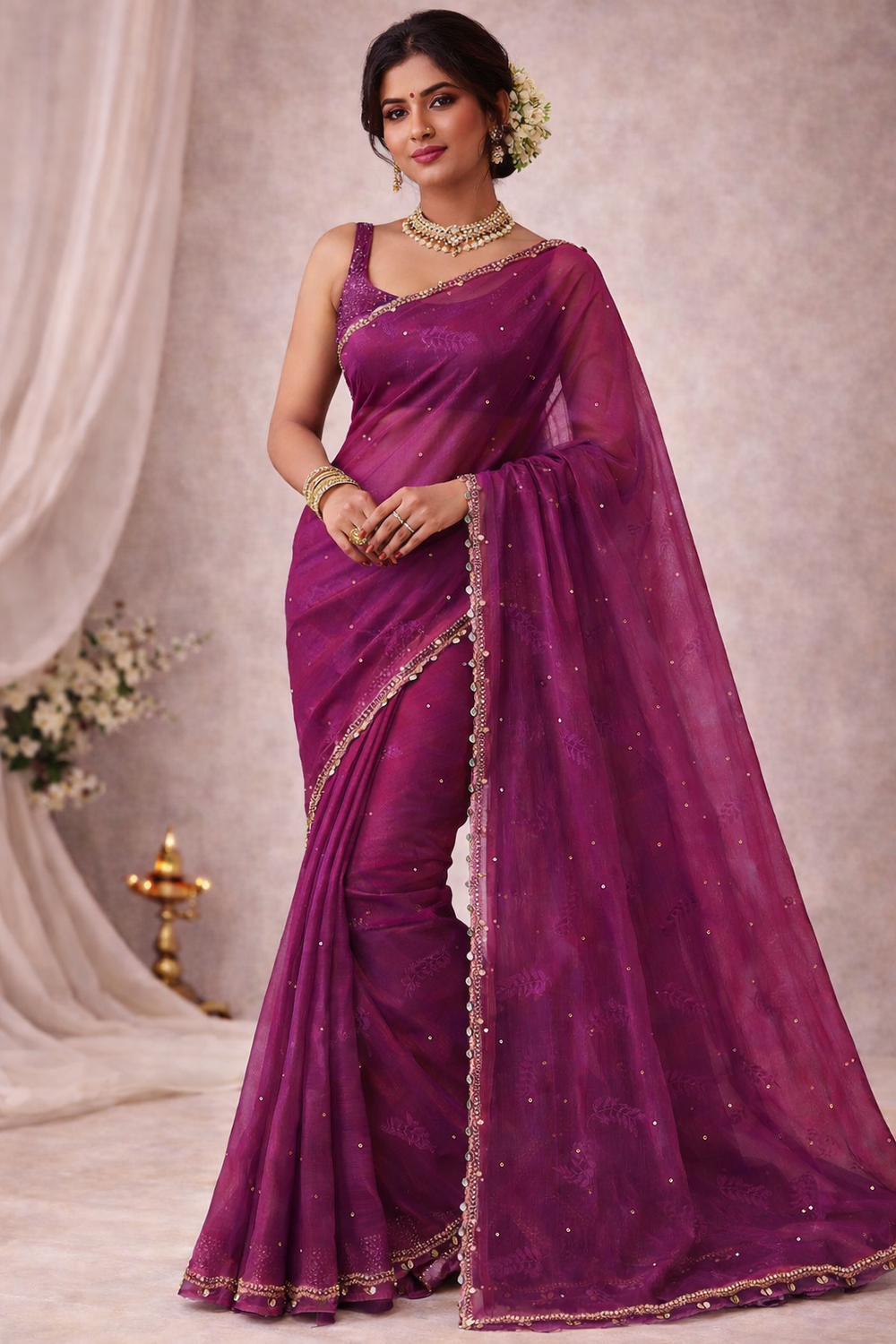 Purple Soft Silk Saree with Delicate Embellishments