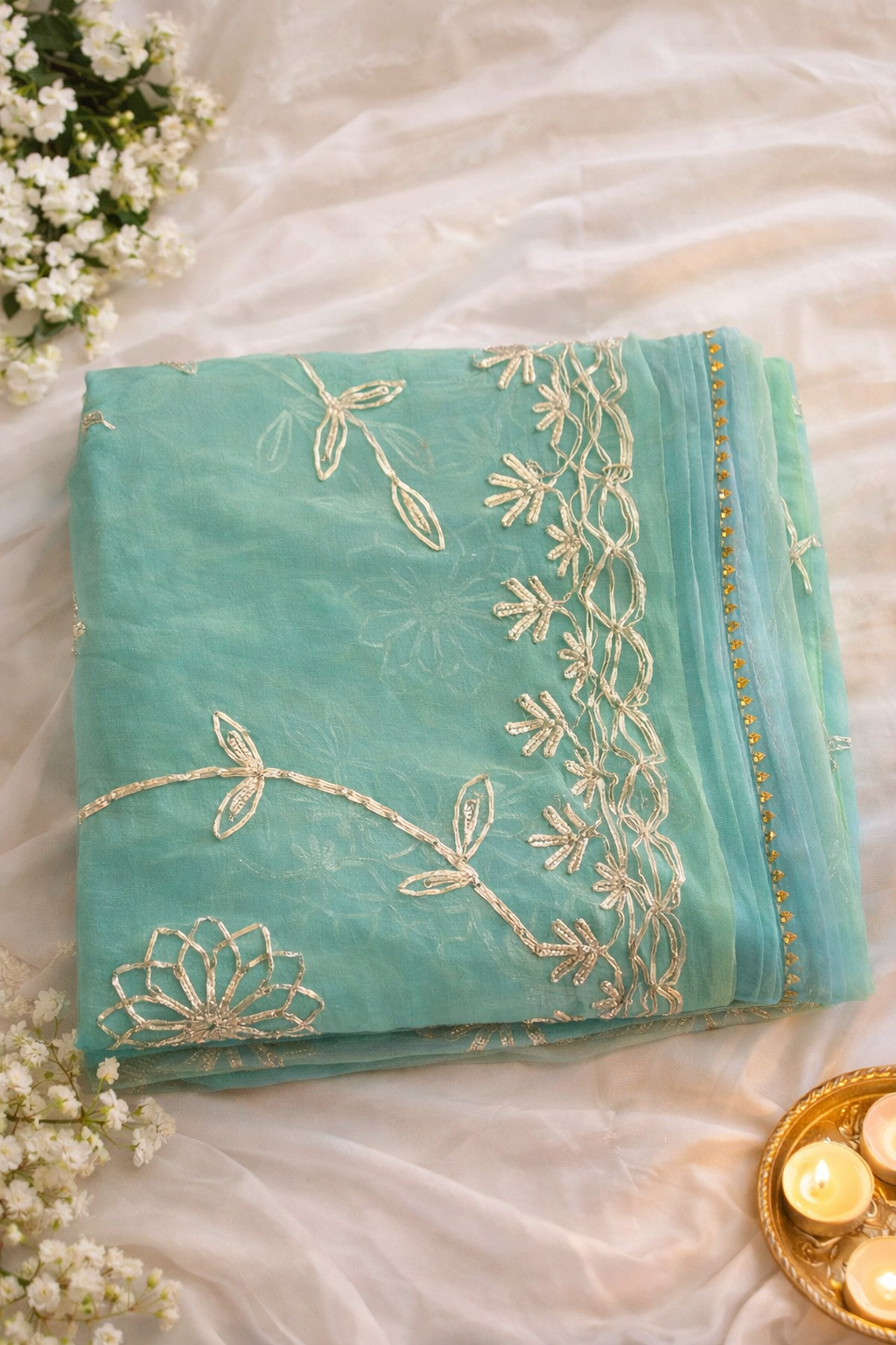 Turquoise Chiffon Gota Patti Saree.