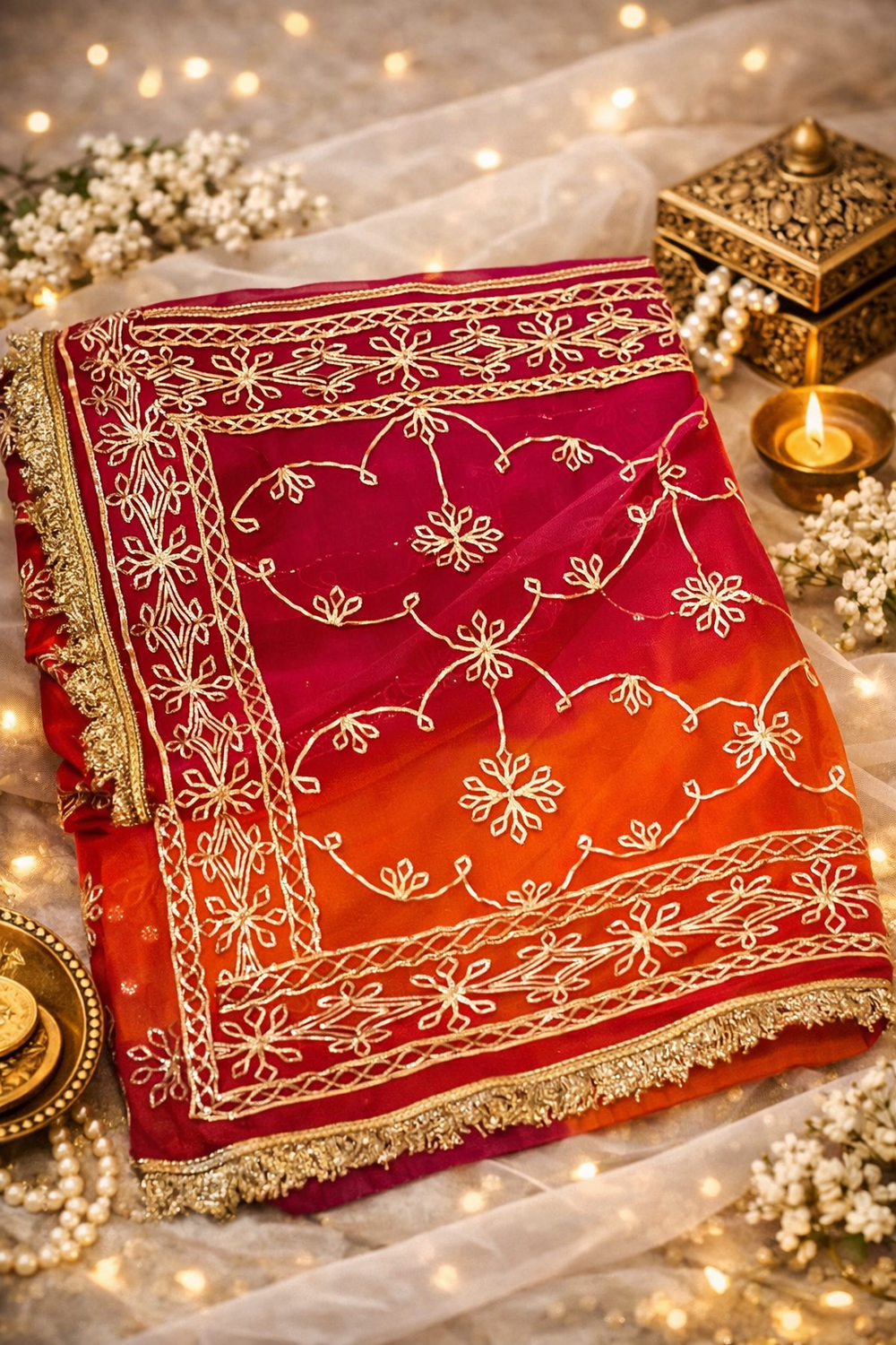 Dual Shade Orange Chiffon Gota Patti Saree