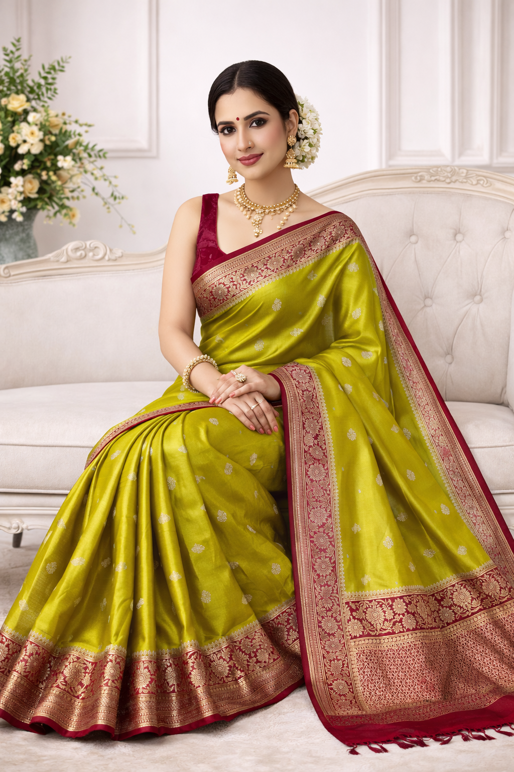 Lime Green Pure Mashru Silk Saree tvisa
