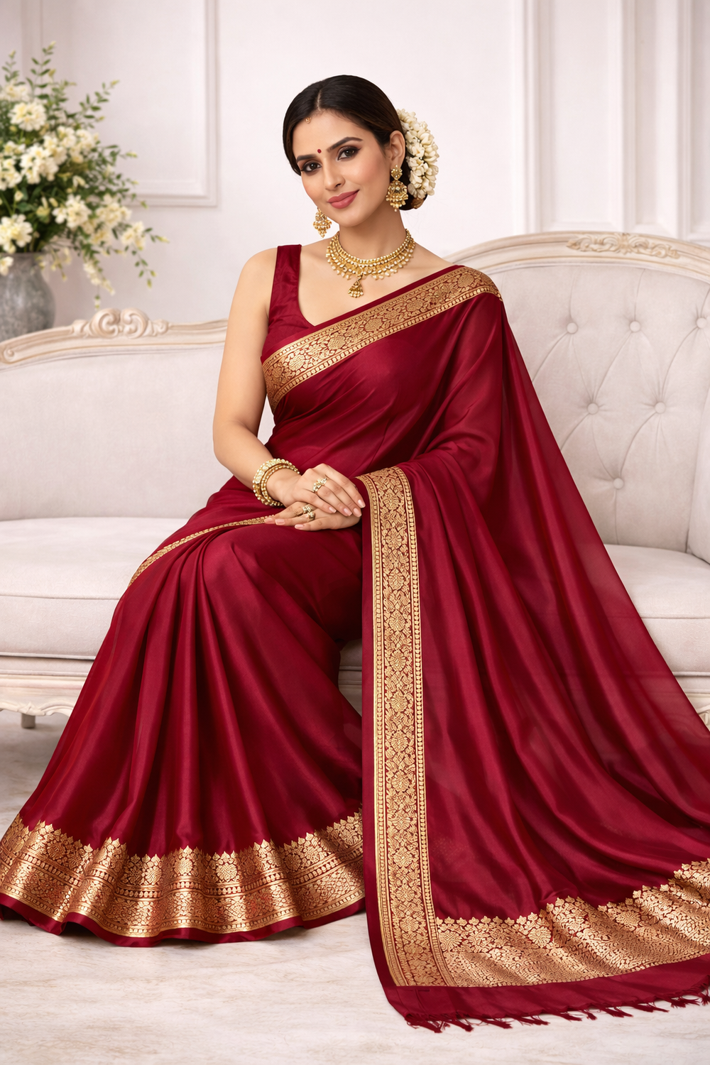 Plain Deep Red Pure Mashru Silk Saree with Zari Border