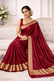 Plain Deep Red Pure Mashru Silk Saree with Zari Border tvisa