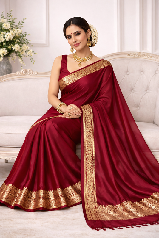 Plain Deep Red Pure Mashru Silk Saree with Zari Border tvisa