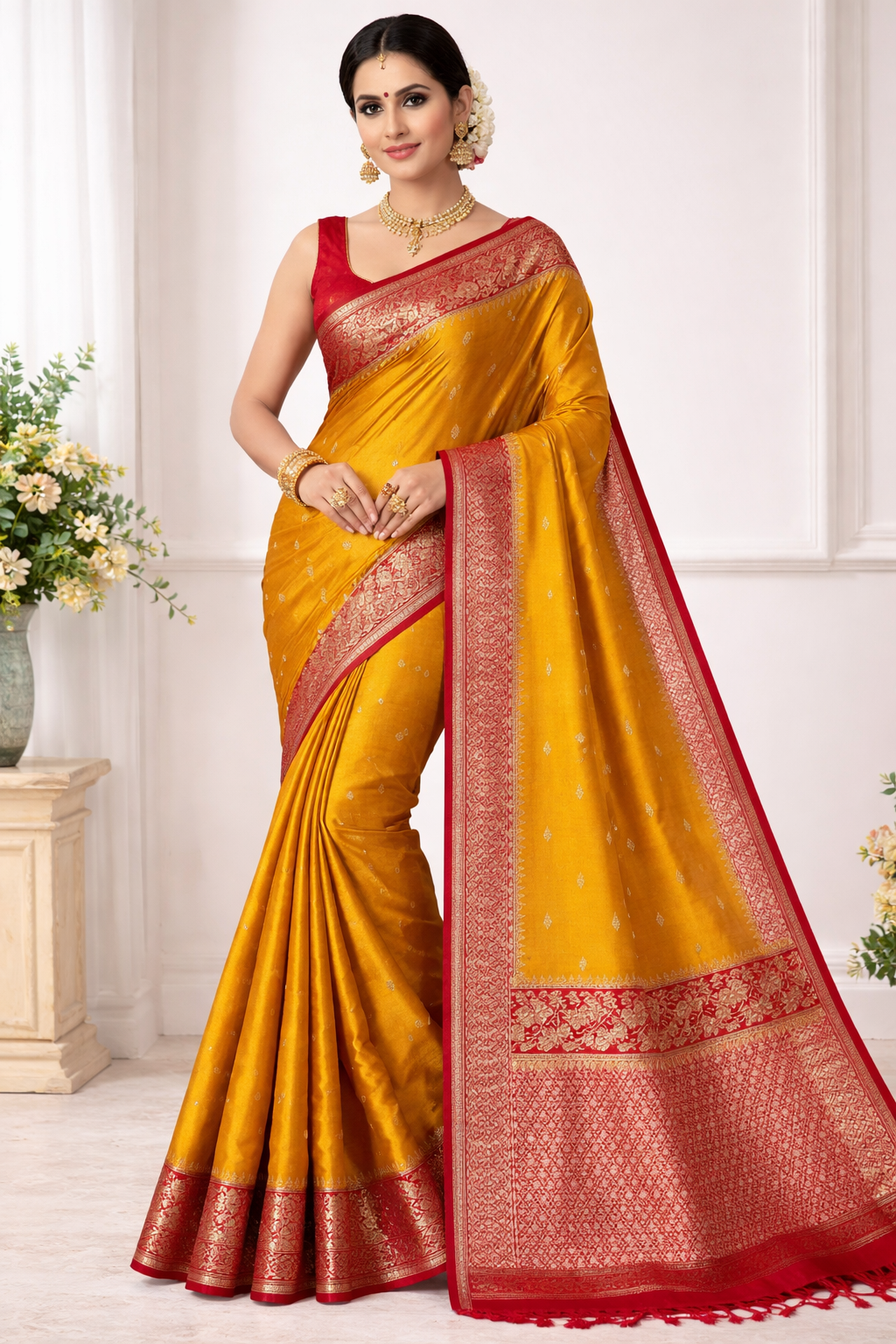 Mustard Pure Banarasi Mashru Silk Saree tvisa