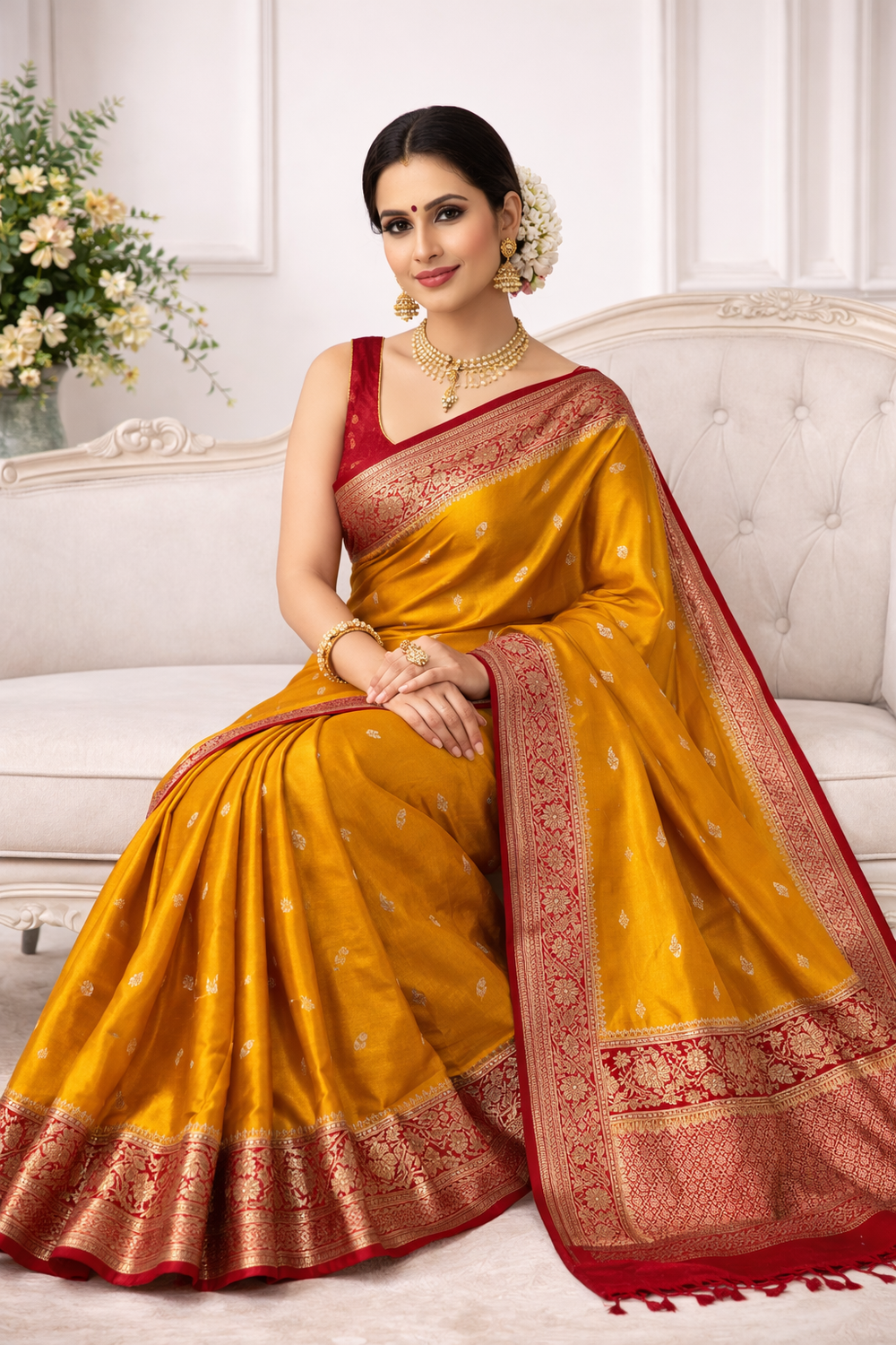 Mustard Pure Mashru Silk Banarasi Saree