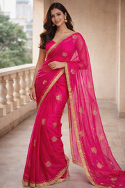 Hot Pink Chiffon Saree with Pittan Work.