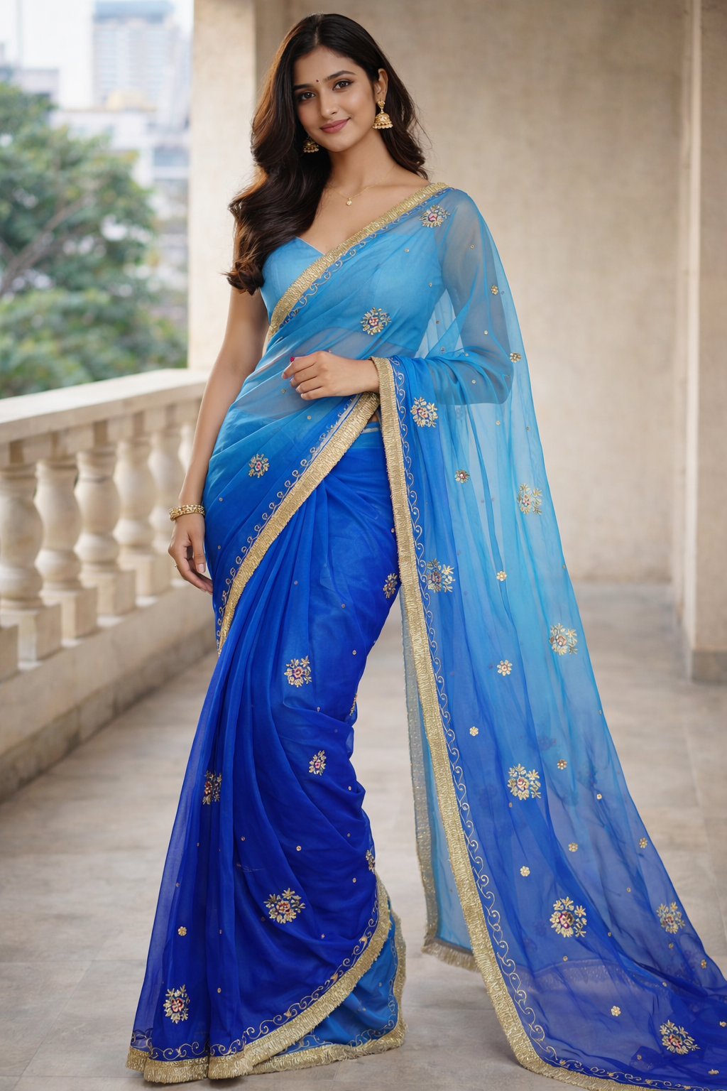 Dual-Shade Blue Chiffon Saree.