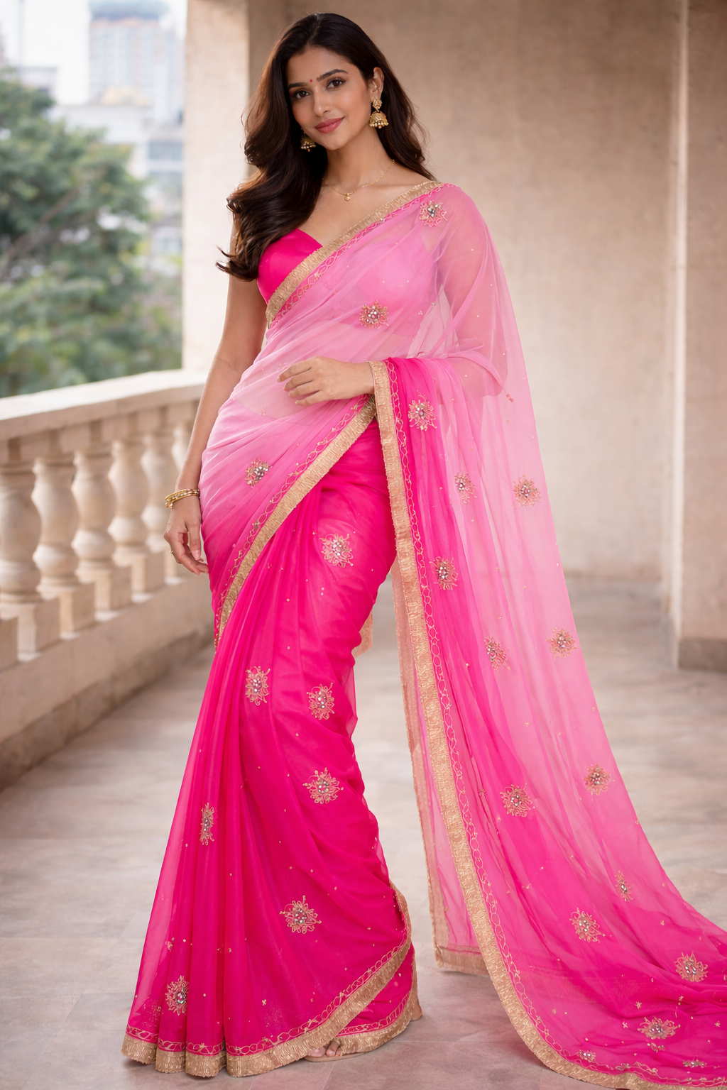 Dual Shade Pink Chiffon Saree.