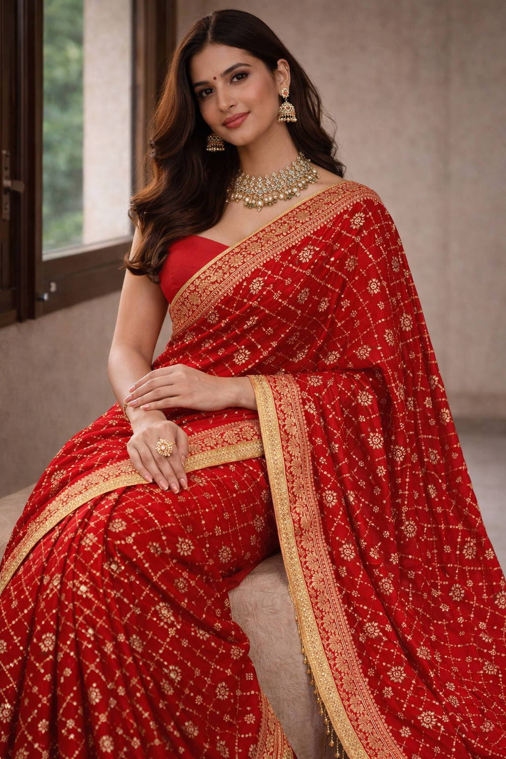 Red Khaddi Georgette Bandhani Saree.