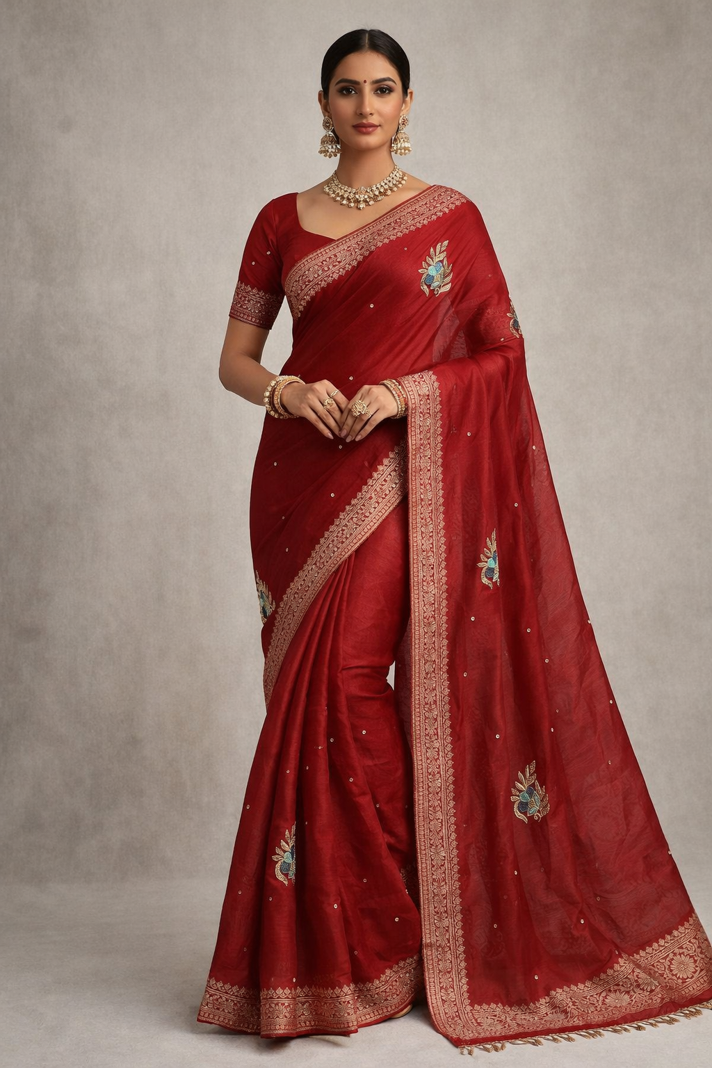 Red Pure Tissue Silk Handwork Saree.
