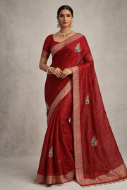 Red Pure Tissue Silk Handwork Saree.