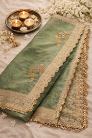 Sage Green Pure Tissue Silk Saree with Gold Embroidery.