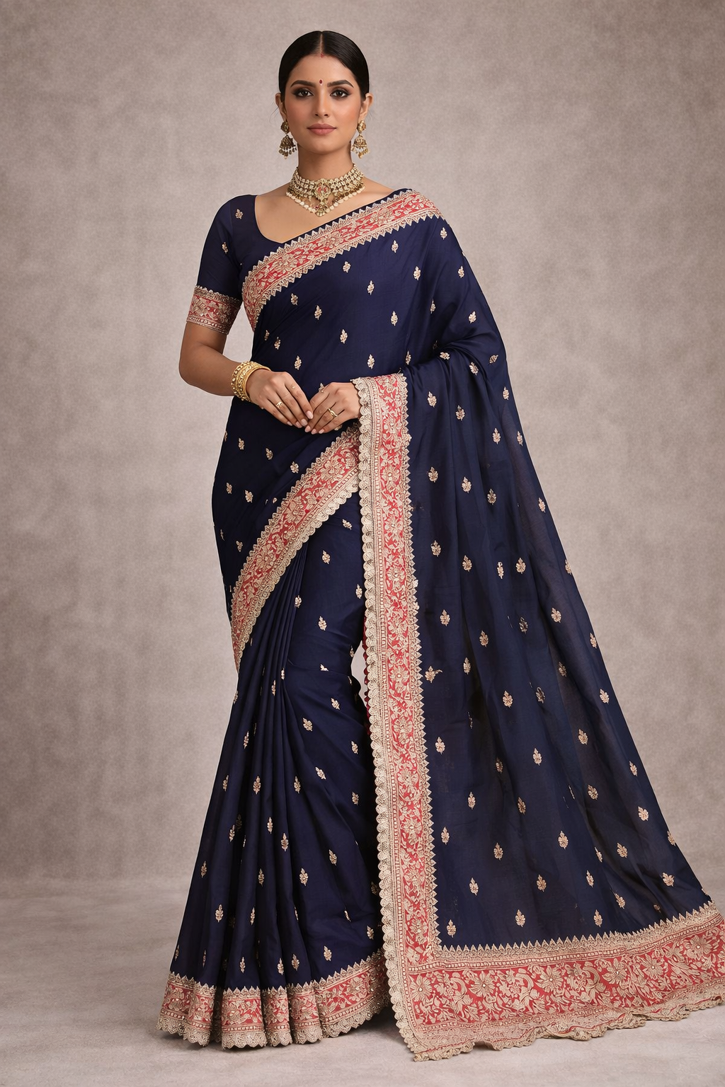 Pure Katan Silk Navy Blue Saree with Lace Border.