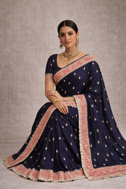 Pure Katan Silk Navy Blue Saree with Lace Border.