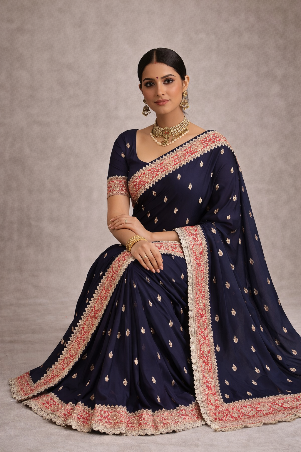 Pure Katan Silk Navy Blue Saree with Lace Border.