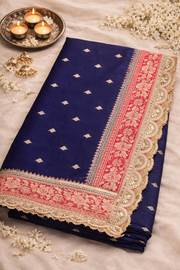 Pure Katan Silk Navy Blue Saree with Lace Border.