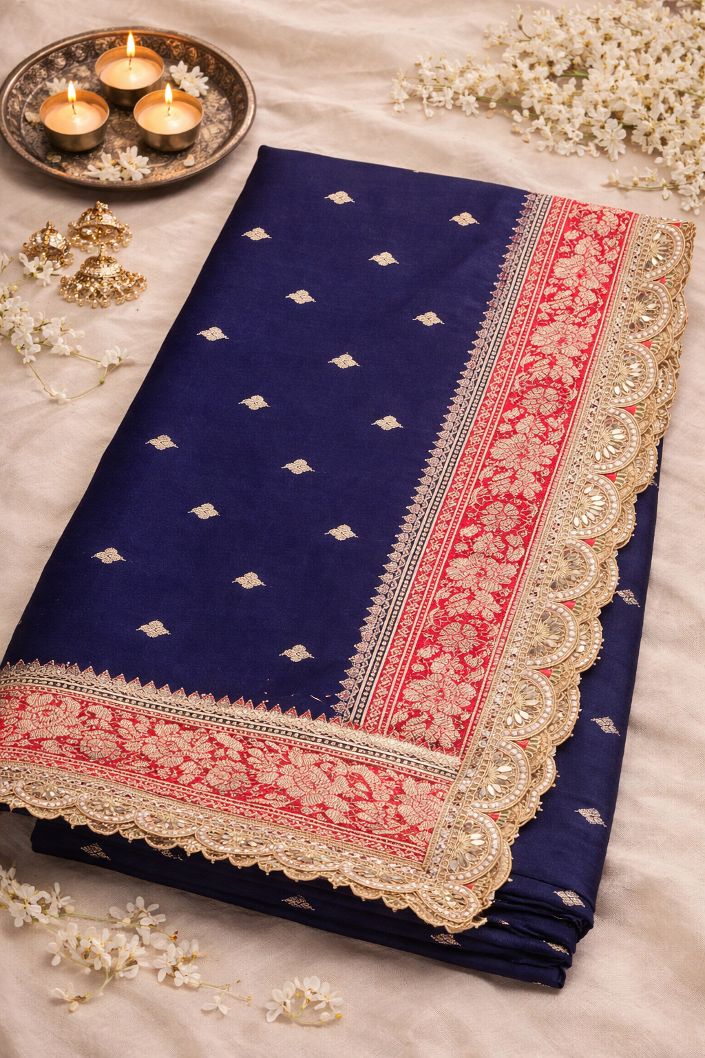 Pure Katan Silk Navy Blue Saree with Lace Border.
