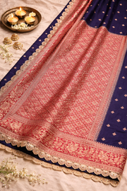 Pure Katan Silk Navy Blue Saree with Lace Border.