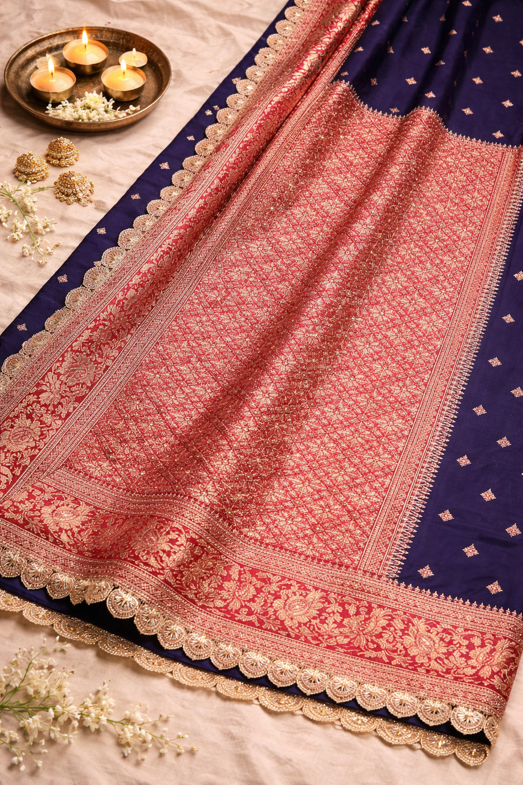Pure Katan Silk Navy Blue Saree with Lace Border.