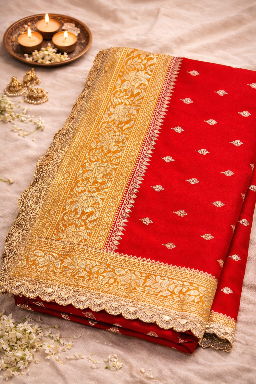 Pure Katan Silk Red Saree with Lace Border.