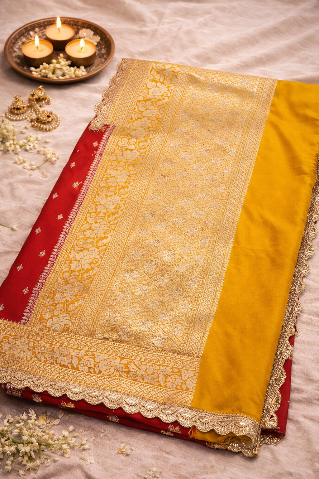 Pure Katan Silk Red Saree with Lace Border.