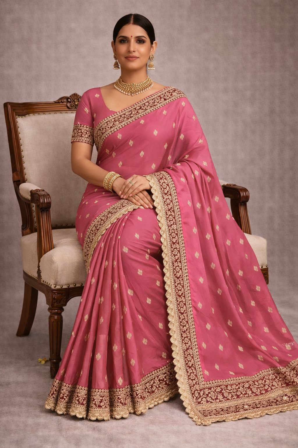 Pink Pure Katan Silk Saree with Lace Border.