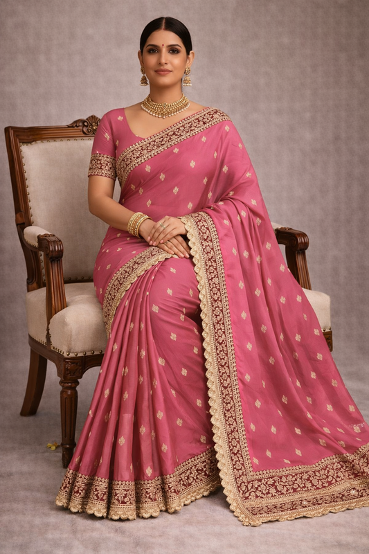 Pink Pure Katan Silk Saree with Lace Border.