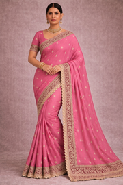 Pink Pure Katan Silk Saree with Lace Border.
