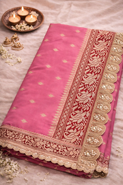 Pink Pure Katan Silk Saree with Lace Border.