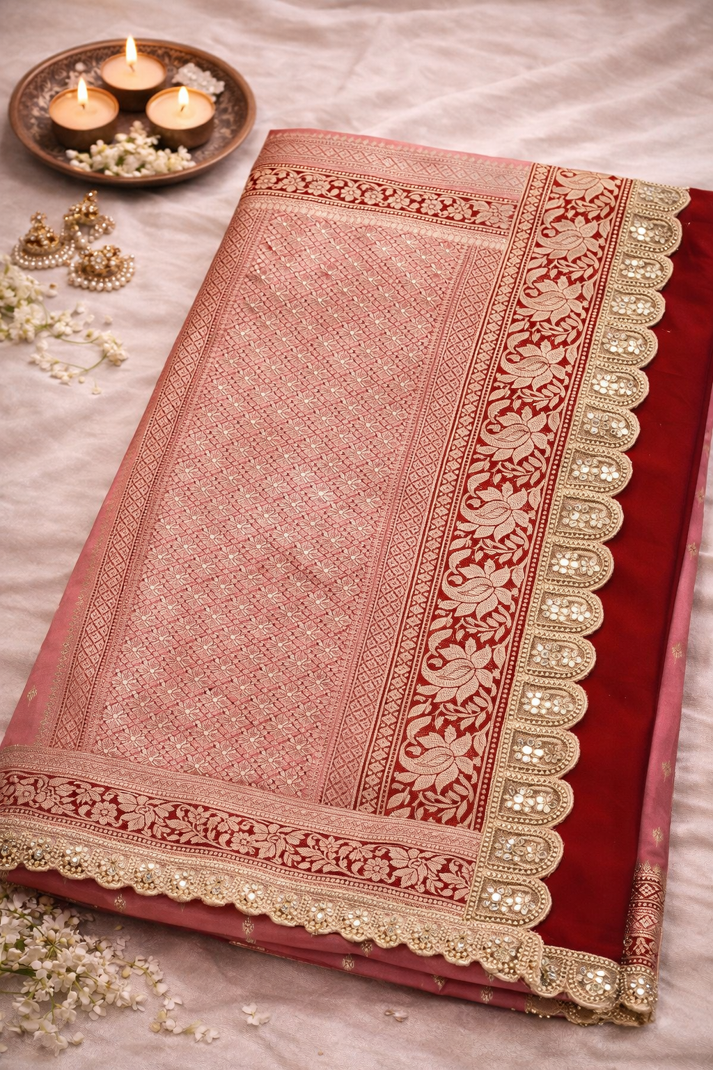 Pink Pure Katan Silk Saree with Lace Border.