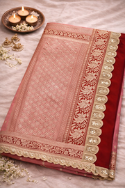 Pink Pure Katan Silk Saree with Lace Border.