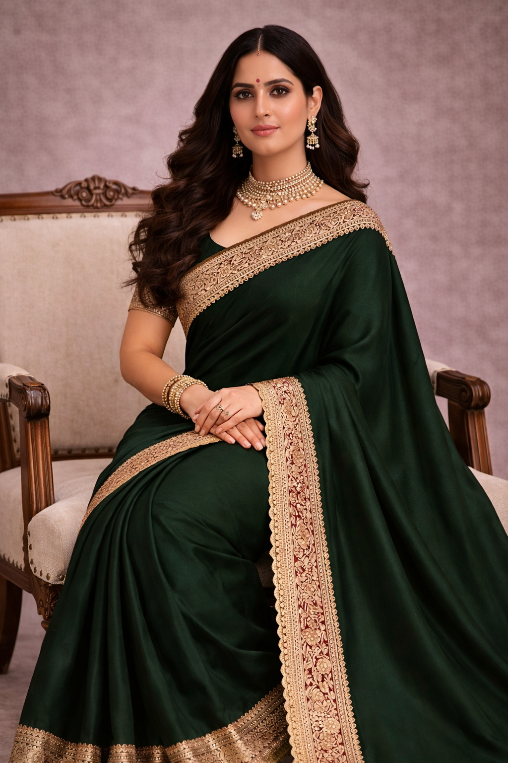 Dark Green Pure Banarasi Silk Saree with Zari Border.