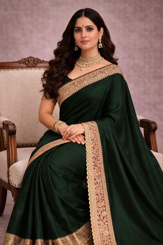 Dark Green Pure Banarasi Silk Saree with Zari Border