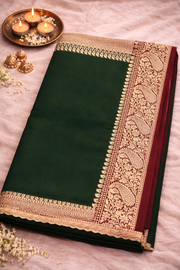Dark Green Pure Banarasi Silk Saree with Zari Border.