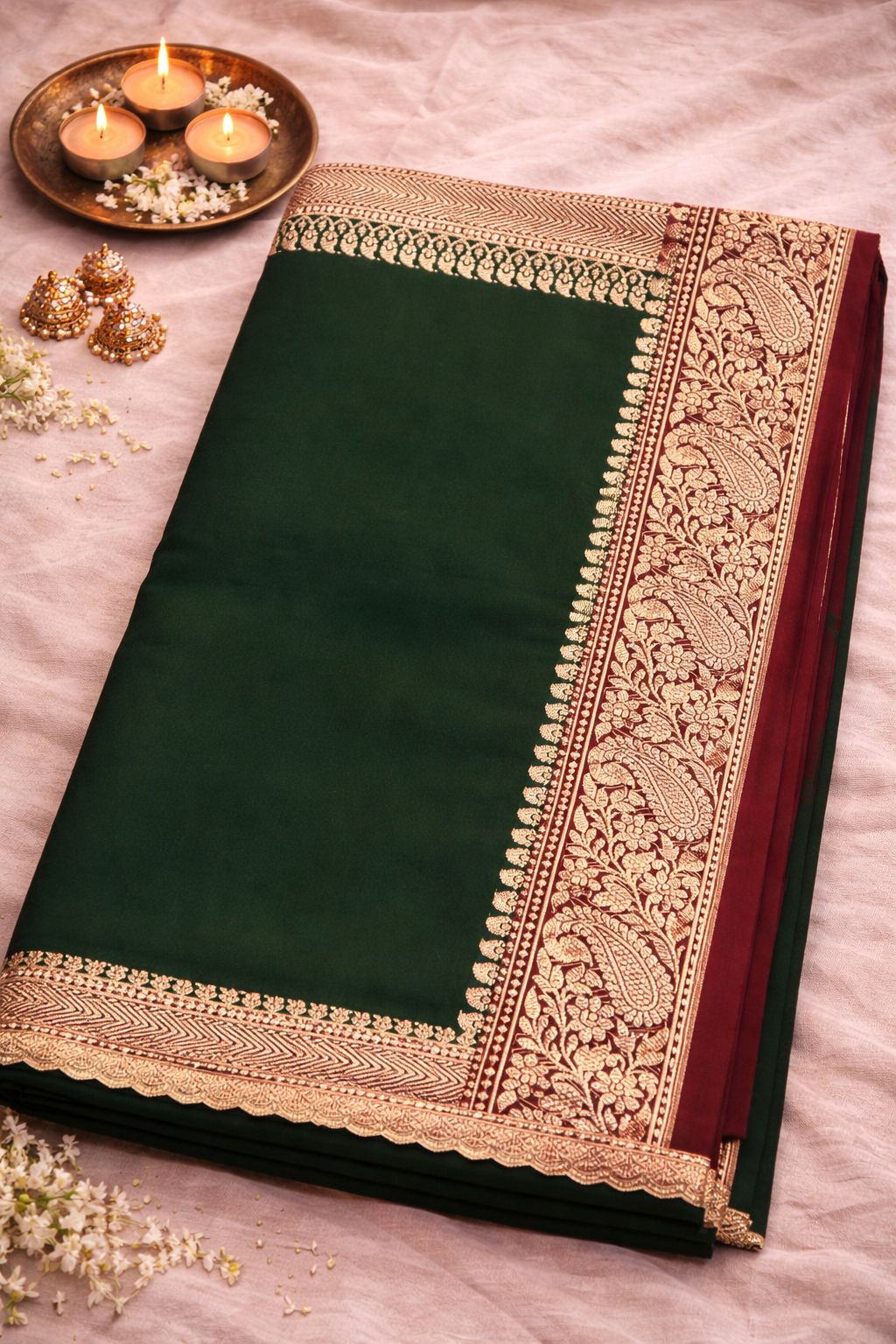 Dark Green Pure Banarasi Silk Saree with Zari Border.