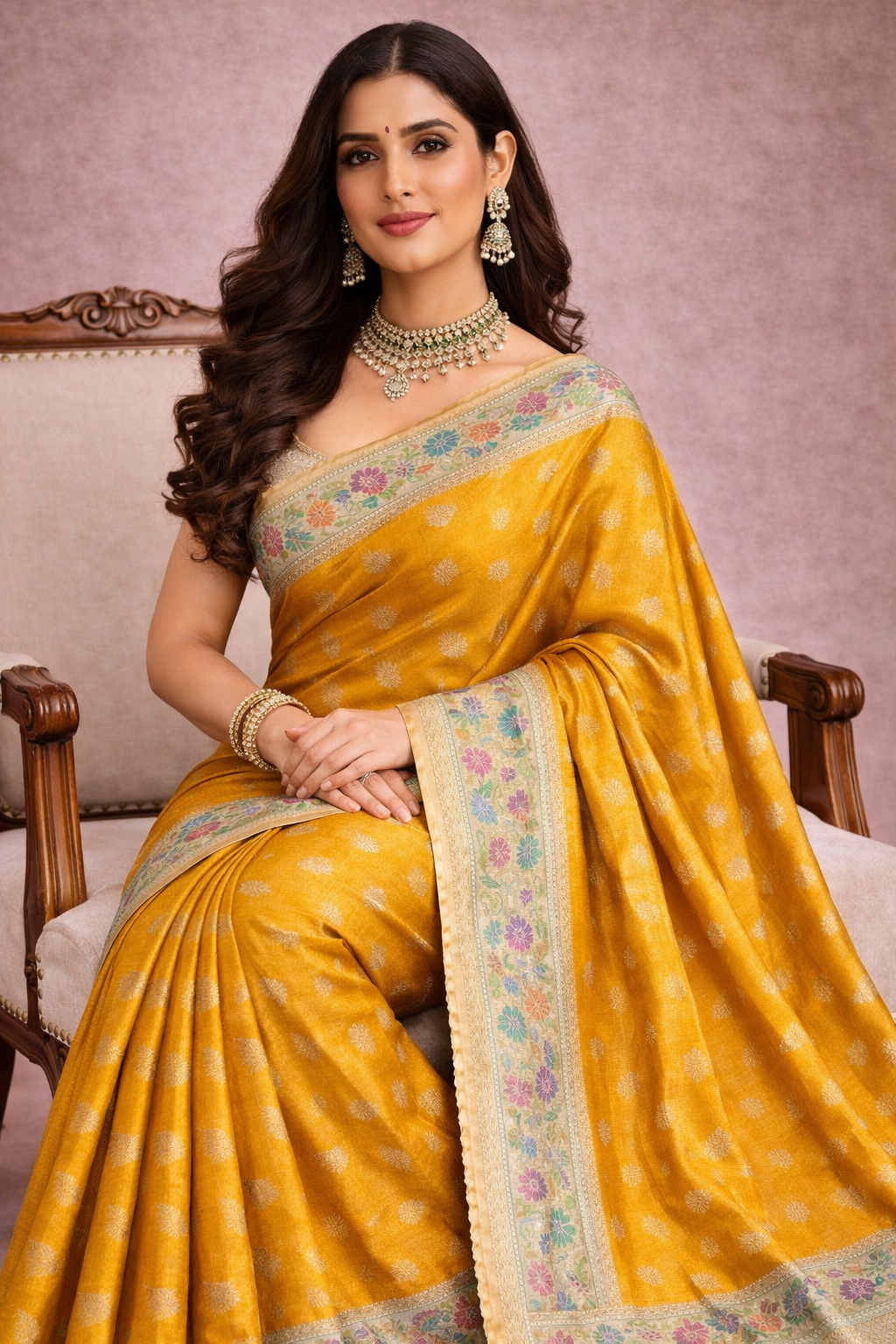 Mustard Chiniya Silk Saree with Floral Border.