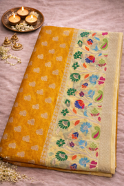 Mustard Chiniya Silk Saree with Floral Border.