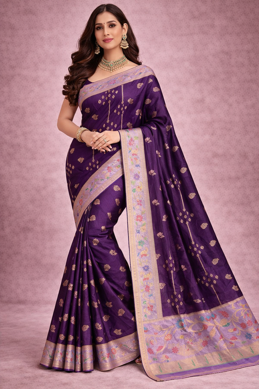Purple Chiniya Silk Saree with Floral Border