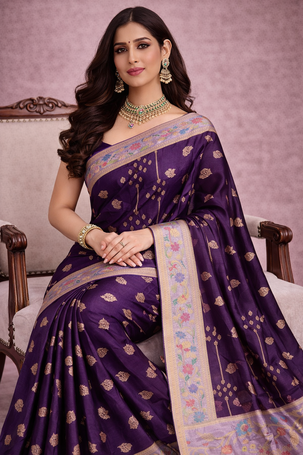 Purple Chiniya Silk Saree with Floral Border.