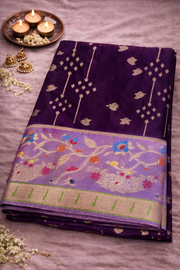 Purple Chiniya Silk Saree with Floral Border.