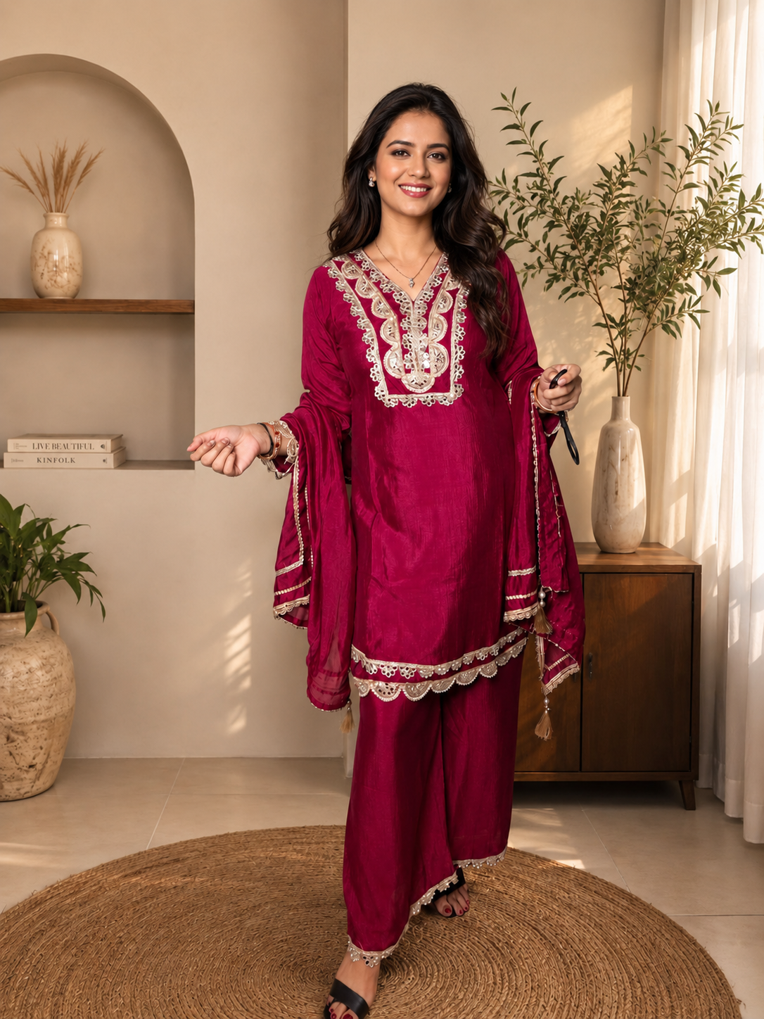 Wine Embroidered Silk Kurta Set with Dupatta
