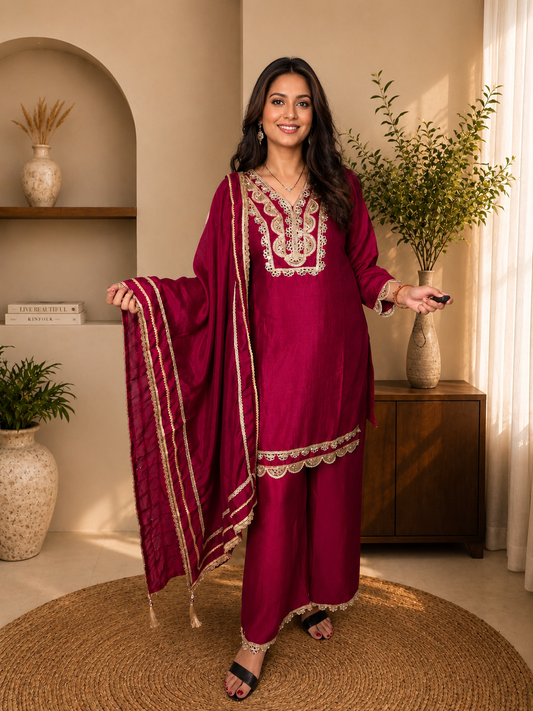 Wine Embroidered Silk Kurta Set with Dupatta