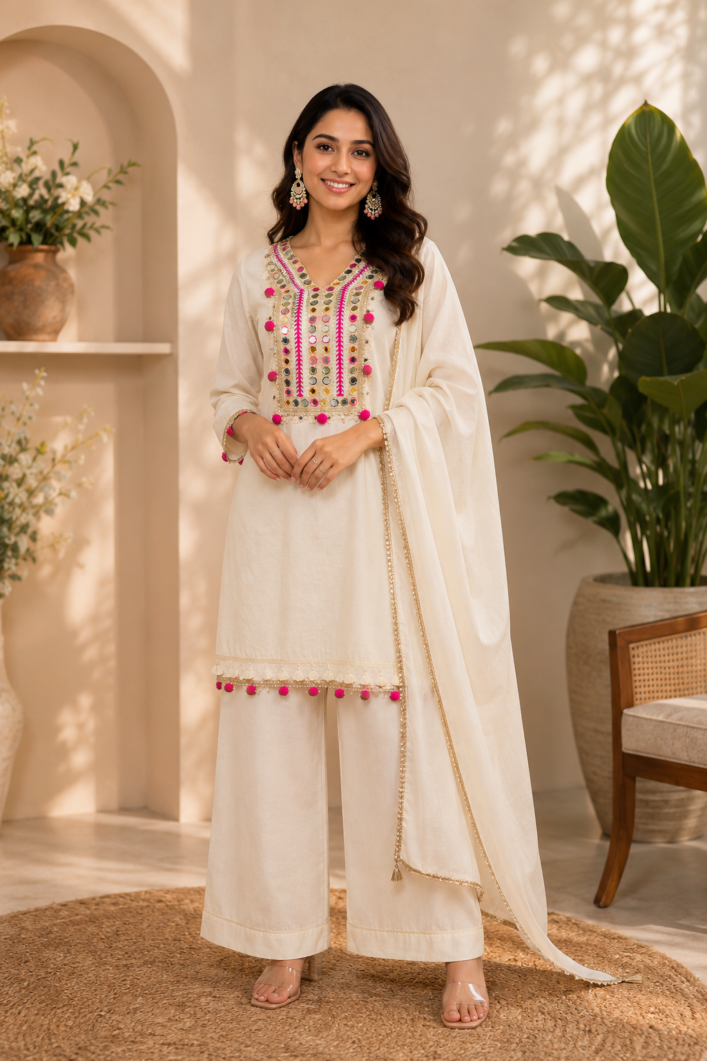 Ivory Mirror Work Cotton Kurta Set with Dupatta